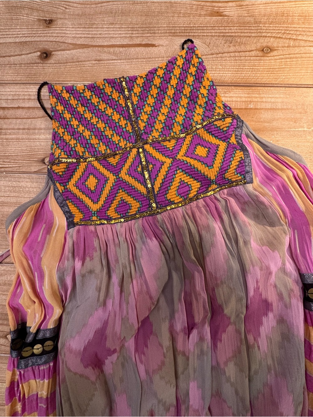 Free People Embellished Boho Maxi Dress Pink Ikat Beaded Festival Dress Large